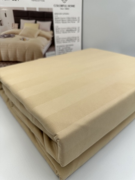 Комплект постельного белья Сатин в полоску евро песочный F0253 фото