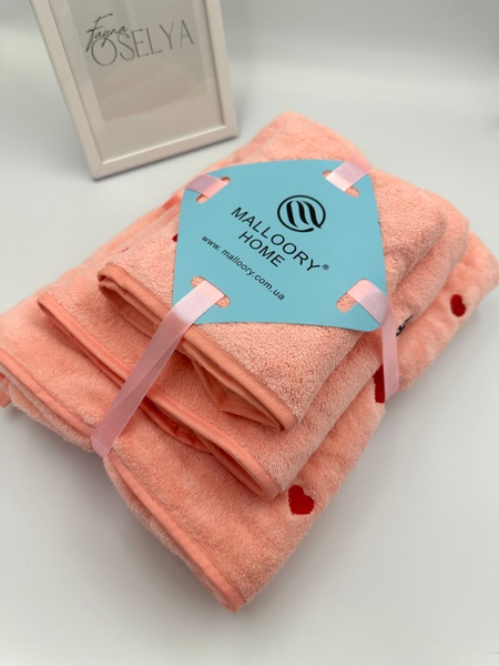 Подарунковий набір банних рушників з мікрофібри Сердечки персиковий F0416 фото