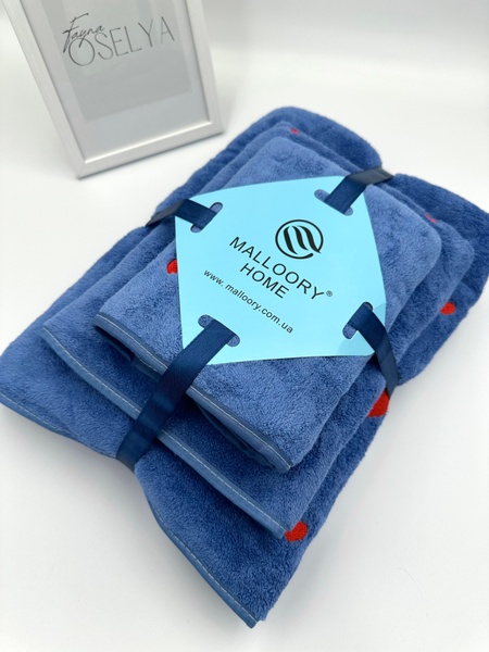 Подарунковий набір банних рушників з мікрофібри Сердечки синій F0419 фото