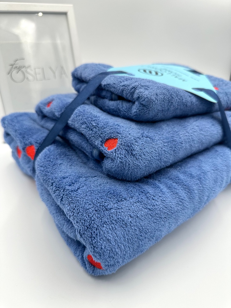 Подарочный набор банных полотенец из микрофибры Сердечки синий F0419 фото