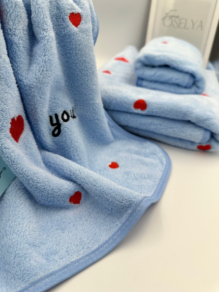 Подарочный набор банных полотенец из микрофибры Сердечки голубой F0420 фото