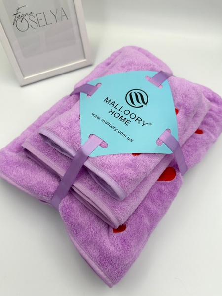 Подарунковий набір банних рушників з мікрофібри Сердечки фіолетовий  F0421 фото
