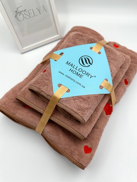 Подарунковий набір банних рушників з мікрофібри Сердечки коричневий F0422 фото